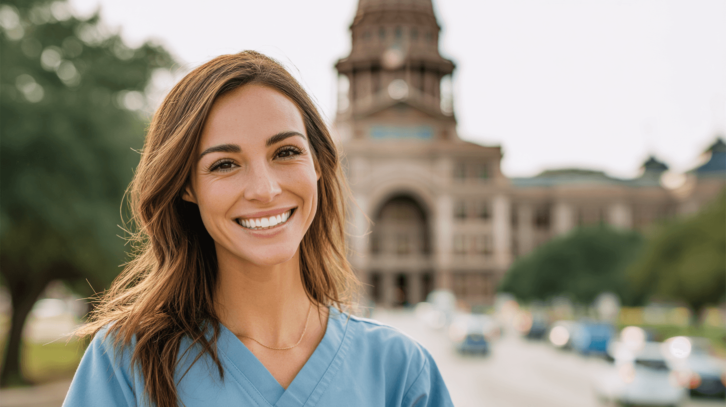Smiling nurse in front of a recognizable state landmar